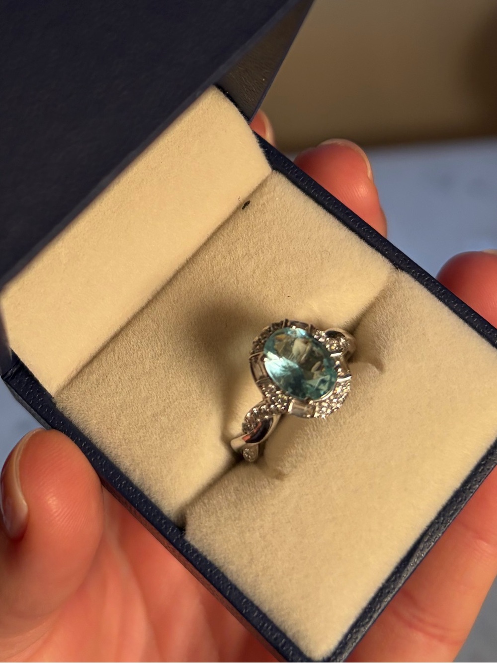 Elegant Aquamarine Halo Ring in Blue - Women Jewelry